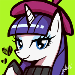 Size: 300x300 | Tagged: safe, artist:volvolvox, rarity, pony, g4, sweet and elite, beatnik rarity, beret, bust, clothes, female, green background, hat, heart, icon, lidded eyes, portrait, signature, simple background, solo, sweater