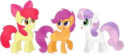 Size: 6304x2840 | Tagged: safe, artist:emera33, apple bloom, scootaloo, sweetie belle, earth pony, pegasus, pony, unicorn, g4, blank flank, cutie mark crusaders, open mouth, profile, simple background, trio, white background