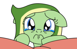 Size: 755x483 | Tagged: safe, artist:didgereethebrony, oc, oc only, oc:boomerang beauty, pony, base used, crying, pillow, sad, simple background, solo, transparent background, trembling lip