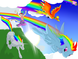 Size: 1600x1200 | Tagged: safe, rainbow dash, ho-oh, pegasus, pony, anthro, g4, anthro with ponies, cloud, emoticon, female, flying, furries in a blender, furry, galloping, mare, nyan cat, pokémon, rainbow trail, renard, robot unicorn attack, sun