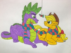 Size: 4032x3024 | Tagged: safe, artist:bella-pink-savage, applejack, spike, dragon, pony, g4, bow, christmas, clothes, female, hair bow, holiday, holly, holly mistaken for mistletoe, looking at each other, male, older, older spike, prone, scarf, shared clothing, shared scarf, ship:applespike, shipping, straight, traditional art, winged spike, wings