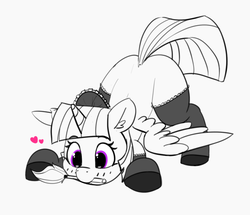 Size: 1280x1101 | Tagged: safe, artist:pabbley, twilight sparkle, alicorn, pony, g4, blushing, clothes, cute, duster, face down ass up, female, floating heart, heart, maid, maid headdress, mare, monochrome, mouth hold, partial color, shoes, simple background, sketch, smiling, solo, stockings, thigh highs, twiabetes, twilight sparkle (alicorn), white background