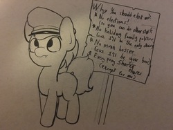 Size: 2048x1536 | Tagged: safe, artist:triplesevens, oc, oc only, oc:marching order, earth pony, pony, dictator, hat, lineart, looking up, pen drawing, sign, sketch, solo, text, traditional art