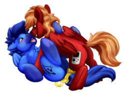 Size: 1843x1405 | Tagged: safe, artist:rudazmora, oc, oc:score chaser, oc:skaj, pegasus, pony, blue, bow, butt, gay, green eyes, male, plot, ribbon, stallion, tail bow, tail wrap, tongue out, yellow, yellow eyes