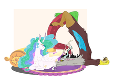 Size: 2526x1627 | Tagged: safe, artist:m00n-fruit, discord, princess celestia, alicorn, draconequus, pony, g4, carpet, colored wings, curved horn, female, horn, male, multicolored wings, pillow, preglestia, pregnant, ship:dislestia, shipping, smiling, straight