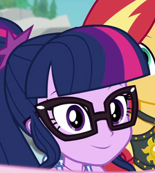 Size: 728x813 | Tagged: safe, screencap, sci-twi, sunset shimmer, twilight sparkle, equestria girls, g4, my little pony equestria girls: better together, unsolved selfie mysteries, cropped, cute, female, glasses, ponytail, selfie, smiling, thousand yard stare, twiabetes