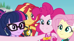 Size: 1920x1080 | Tagged: safe, screencap, fluttershy, pinkie pie, sci-twi, sunset shimmer, twilight sparkle, equestria girls, g4, my little pony equestria girls: better together, unsolved selfie mysteries, clothes, cute, daaaaaaaaaaaw, diapinkes, female, geode of empathy, geode of sugar bombs, glasses, group, magical geodes, ponytail, quartet, selfie, shimmerbetes, shyabetes, sleeveless, smiling, sweet dreams fuel, swimsuit, thousand yard stare, twiabetes, wetsuit