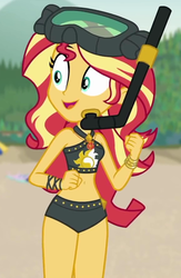 Size: 582x891 | Tagged: safe, screencap, sunset shimmer, equestria girls, equestria girls series, g4, unsolved selfie mysteries, beach shorts swimsuit, belly button, bikini, bikini babe, clothes, cropped, curvy, dive mask, female, geode of empathy, goggles, hourglass figure, legs, magical geodes, sexy, sleeveless, snorkel, solo, sunset shimmer's beach shorts swimsuit, swimsuit, thighs