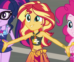 Size: 1177x987 | Tagged: safe, screencap, pinkie pie, sci-twi, sunset shimmer, twilight sparkle, equestria girls, equestria girls series, g4, x marks the spot, arms wide open, belly button, clothes, cropped, cute, female, geode of empathy, geode of telekinesis, magical geodes, midriff, sarong, shimmerbetes, sleeveless, swimsuit, trio, trio female