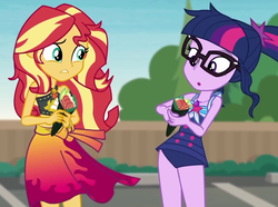 Size: 1180x877 | Tagged: safe, screencap, sci-twi, sunset shimmer, twilight sparkle, equestria girls, equestria girls series, g4, x marks the spot, clothes, cropped, duo, duo female, female, food, geode of empathy, geode of shielding, geode of sugar bombs, geode of super speed, geode of super strength, geode of telekinesis, glasses, magical geodes, ponytail, sarong, sleeveless, sushi, swimsuit