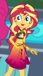 Size: 485x852 | Tagged: safe, screencap, sunset shimmer, equestria girls, g4, my little pony equestria girls: better together, x marks the spot, belly button, clothes, cropped, female, geode of empathy, magical geodes, sarong, sleeveless, solo, swimsuit