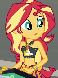 Size: 806x1078 | Tagged: safe, screencap, sunset shimmer, equestria girls, g4, my little pony equestria girls: better together, x marks the spot, belly button, clothes, cropped, female, geode of empathy, magical geodes, midriff, sleeveless, solo, swimsuit