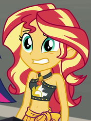 Size: 752x1003 | Tagged: safe, screencap, sunset shimmer, equestria girls, equestria girls series, g4, x marks the spot, belly button, clothes, cropped, female, geode of empathy, magical geodes, offscreen character, sleeveless, solo focus, swimsuit