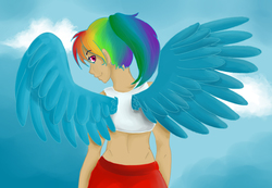 Size: 944x653 | Tagged: safe, artist:color--spectrum, rainbow dash, human, g4, humanized, winged humanization, wings