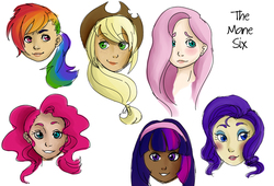 Size: 1584x1080 | Tagged: safe, artist:color--spectrum, applejack, fluttershy, pinkie pie, rainbow dash, rarity, twilight sparkle, human, g4, bust, dark skin, humanized, mane six, simple background, white background