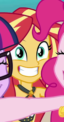 Size: 491x933 | Tagged: safe, screencap, pinkie pie, sci-twi, sunset shimmer, twilight sparkle, equestria girls, g4, my little pony equestria girls: better together, unsolved selfie mysteries, cropped, cute, faic, female, geode of empathy, grin, magical geodes, shimmerbetes, sleeveless, smiling