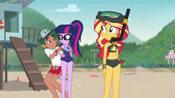 Size: 1920x1080 | Tagged: safe, screencap, sunset shimmer, timber spruce, twilight sparkle, equestria girls, equestria girls series, g4, unsolved selfie mysteries, beach, beach shorts swimsuit, belly button, bikini, clothes, geode of empathy, geode of telekinesis, hat, legs, lifeguard timber, magical geodes, midriff, scuba gear, shorts, sleeveless, sunset shimmer's beach shorts swimsuit, swimsuit