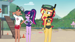 Size: 1920x1080 | Tagged: safe, screencap, sci-twi, sunset shimmer, timber spruce, twilight sparkle, equestria girls, equestria girls series, g4, unsolved selfie mysteries, angry, annoyed, beach, beach shorts swimsuit, belly button, bikini, blushing, clothes, geode of empathy, geode of shielding, geode of sugar bombs, geode of super speed, geode of super strength, geode of telekinesis, lifeguard timber, magical geodes, midriff, ponytail, sand, scuba gear, sleeveless, snorkel, sunset shimmer's beach shorts swimsuit, swimsuit, unimpressed, whistling