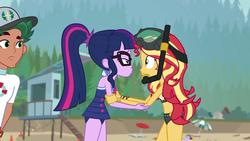 Size: 1920x1080 | Tagged: safe, screencap, sci-twi, sunset shimmer, timber spruce, twilight sparkle, equestria girls, g4, my little pony equestria girls: better together, unsolved selfie mysteries, beach, beach shorts swimsuit, clothes, geode of telekinesis, lifeguard timber, magical geodes, midriff, not an edit, out of context, scuba gear, shipping fuel, sleeveless, sunset shimmer's beach shorts swimsuit, swimsuit