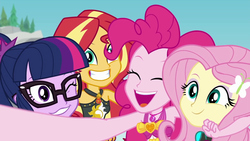 Size: 1920x1080 | Tagged: safe, screencap, fluttershy, pinkie pie, sci-twi, sunset shimmer, twilight sparkle, equestria girls, equestria girls series, g4, unsolved selfie mysteries, clothes, faic, female, geode of empathy, geode of sugar bombs, group, magical geodes, one eye closed, quartet, selfie, swimsuit, wink
