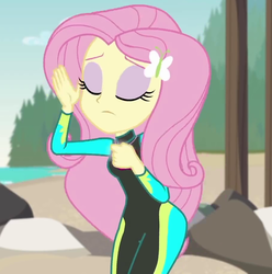Size: 906x914 | Tagged: safe, screencap, fluttershy, equestria girls, g4, my little pony equestria girls: better together, unsolved selfie mysteries, adorasexy, beach, clothes, curvy, cute, eyes closed, female, fluttershy's wetsuit, geode of fauna, hips, magical geodes, ocean, outfit catalog, sexy, solo, stupid sexy fluttershy, swimsuit, wetsuit