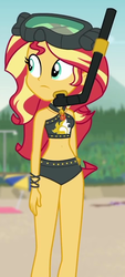 Size: 453x1006 | Tagged: safe, screencap, sunset shimmer, equestria girls, equestria girls series, g4, unsolved selfie mysteries, adorasexy, beach, beach shorts swimsuit, belly button, bikini, clothes, cropped, curvy, cute, dive mask, female, frown, goggles, looking back, midriff, outfit catalog, sexy, shimmerbetes, sleeveless, snorkel, solo, sunset shimmer swimsuit, sunset shimmer's beach shorts swimsuit, swimsuit, umbrella