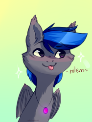 Size: 720x960 | Tagged: safe, artist:redslipp, oc, oc only, oc:styxus, bat pony, pony, alternate eye color, blushing, bust, gem, gradient background, guard, male, mlem, night guard, portrait, royal guard, silly, smiling, solo, tongue out