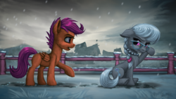 Size: 1920x1080 | Tagged: safe, artist:robin jacks, scootaloo, silver spoon, earth pony, pegasus, pony, fanfic:why am i crying, g4, braid, duo, fanfic art, female, filly, glasses, jewelry, looking back, necklace, pearl necklace, snow, snowfall