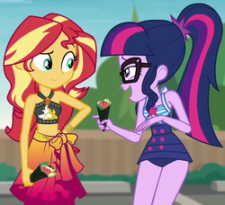 Size: 1056x962 | Tagged: safe, screencap, sci-twi, sunset shimmer, twilight sparkle, equestria girls, g4, my little pony equestria girls: better together, x marks the spot, belly button, clothes, cute, duo, duo female, female, food, geode of empathy, geode of shielding, geode of sugar bombs, geode of super speed, geode of super strength, geode of telekinesis, glasses, magical geodes, midriff, one-piece swimsuit, ponytail, sarong, sci-twi swimsuit, shimmerbetes, sleeveless, sushi, swimsuit, twiabetes