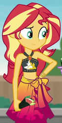 Size: 465x920 | Tagged: safe, screencap, sunset shimmer, equestria girls, equestria girls series, g4, x marks the spot, belly button, clothes, cropped, female, food, geode of empathy, magical geodes, midriff, raised eyebrow, sarong, sleeveless, solo, sushi, swimsuit