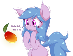 Size: 2125x1646 | Tagged: safe, artist:an-m, oc, oc only, oc:fruit hulu, bat pony, fruit bat, pony, bat pony oc, c:, cute, ear tufts, eyes on the prize, fangs, female, floating, fruit, glowing, looking at something, mare, misspelling, shivering, simple background, smiling, solo, sweat, transparent background, wingless