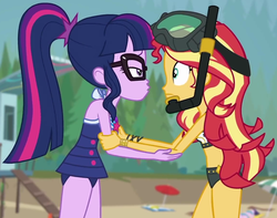 Size: 1157x913 | Tagged: safe, screencap, sci-twi, sunset shimmer, twilight sparkle, equestria girls, equestria girls series, g4, unsolved selfie mysteries, beach, beach shorts swimsuit, clothes, cropped, dive mask, duo, duo female, female, geode of empathy, geode of shielding, geode of sugar bombs, geode of super speed, geode of super strength, geode of telekinesis, goggles, magical geodes, midriff, out of context, scuba gear, shipping fuel, sleeveless, sunset shimmer's beach shorts swimsuit, swimsuit
