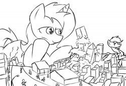 Size: 1280x871 | Tagged: safe, artist:ravistdash, oc, human, pegasus, pony, unicorn, black and white, building, destruction, domino effect, grayscale, lamppost, macro, monochrome, road