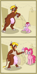 Size: 1860x3680 | Tagged: safe, artist:rubiont, pinkie pie, oc, oc:buttercup, oc:fidget tail, cow, dracony, dragon, hybrid, minotaur, pony, g4, a dairy merry christmas, apron, bulges, clothes, comic, fetish, food, ice cream, ice cream shop, link in description, non-fatal vore, pink, shop, story included, udder, udder bulge, udder vore, vore