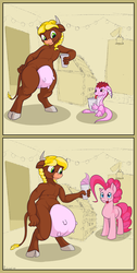 Size: 1860x3680 | Tagged: safe, alternate version, artist:rubiont, pinkie pie, oc, oc:buttercup, oc:fidget tail, cow, dracony, dragon, hybrid, minotaur, pony, g4, a dairy merry christmas, comic, fetish, food, ice cream, ice cream shop, link in description, non-fatal vore, pink, shop, story included, udder, udder vore, vore