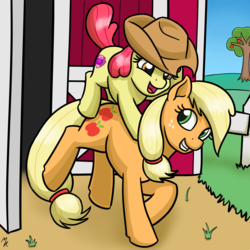 Size: 1280x1280 | Tagged: safe, artist:mkogwheel, apple bloom, applejack, g4, adorabloom, apple bloom riding applejack, apple sisters, apple tree, applejack's hat, barn, comparison, cowboy hat, cute, draw this again, female, hat, horses doing horse things, jackabetes, ponies riding ponies, redraw, riding, sibling love, siblings, sisterly love, sisters, tree
