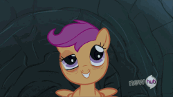 Size: 990x557 | Tagged: safe, edit, edited edit, edited screencap, screencap, scootaloo, pegasus, pony, g4, sleepless in ponyville, animated, bags under eyes, derp, eyes closed, female, filly, gif, grin, hub logo, looking up, reversed, sleeping, smiling, solo, spread wings, squee, tired, wings