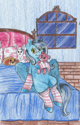 Size: 833x1298 | Tagged: safe, artist:69beas, oc, oc only, oc:fleurbelle, alicorn, pony, alicorn oc, bed, clothes, socks, solo, striped socks, teddy bear, window