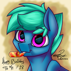 Size: 4000x4000 | Tagged: safe, artist:supermoix, oc, oc only, oc:supermoix, pony, birthday, bust, male, party horn, simple background, solo, stallion