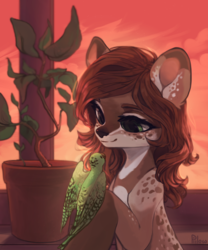 Size: 2666x3209 | Tagged: safe, artist:graypillow, oc, oc only, oc:talula roo, deer, parrot, coat markings, commission, high res, looking at each other, spotted