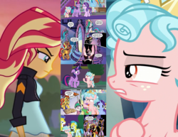 Size: 2600x2008 | Tagged: safe, idw, official comic, cozy glow, princess celestia, starlight glimmer, sunset shimmer, twilight sparkle, alicorn, human, pony, equestria girls, g4, school raze, book, comics, comparison, cozy glow is not amused, foal, high res, magic mirror, royal guard, the fall of sunset shimmer, twilight sparkle (alicorn)