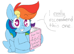 Size: 2257x1663 | Tagged: safe, artist:taaffeiite, derpibooru exclusive, rainbow dash, pegasus, pony, g4, book, colored sketch, dialogue, egghead, egghead dash, female, looking at you, mare, simple background, sketch, smiling, solo, speech bubble, white background