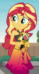 Size: 472x884 | Tagged: safe, screencap, sunset shimmer, equestria girls, g4, my little pony equestria girls: better together, x marks the spot, clothes, female, food, midriff, sarong, sleeveless, solo, sunset shimmer's beach shorts swimsuit, sushi, swimsuit
