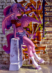 Size: 1461x2067 | Tagged: safe, artist:holivi, princess cadance, alicorn, anthro, unguligrade anthro, g4, ally, baseball cap, belly button, belt, cap, clothes, converse, crossed legs, female, graffiti, graffiti spray, happy, hat, hoof shoes, ladder, leaning back, legs, midriff, ponytail, shirt, shoes, shorts, sitting, smiling, sneakers, socks, solo, spray paint, striped shirt, tail, tank top, teen princess cadance, tomboy, wings