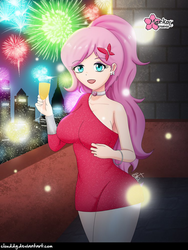 Size: 750x1000 | Tagged: safe, alternate version, artist:clouddg, fluttershy, human, equestria girls, g4, 2019, alcohol, bracelet, breasts, busty fluttershy, champagne, champagne glass, choker, chokershy, city, clothes, dress, ear piercing, earring, female, fireworks, geode of fauna, hairclip, happy new year, happy new year 2019, holiday, human coloration, jewelry, lipstick, magical geodes, makeup, multiple variants, open mouth, piercing, signature, smiling, solo, wine