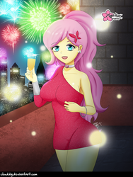 Size: 750x1000 | Tagged: safe, artist:clouddg, fluttershy, human, equestria girls, g4, 2019, alcohol, bracelet, breasts, busty fluttershy, champagne, champagne glass, choker, chokershy, city, clothes, dress, ear piercing, earring, female, fireworks, geode of fauna, hairclip, happy new year, happy new year 2019, holiday, jewelry, lipstick, magical geodes, makeup, multiple variants, open mouth, piercing, signature, smiling, solo, wine