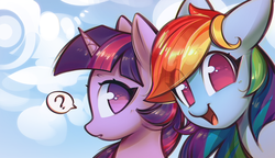 Size: 2000x1149 | Tagged: safe, artist:mirroredsea, rainbow dash, twilight sparkle, alicorn, pegasus, pony, g4, abstract background, cute, dashabetes, duo, eye clipping through hair, female, looking back, mare, open mouth, open smile, question mark, smiling, twilight sparkle (alicorn)