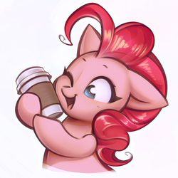 Size: 1404x1404 | Tagged: safe, artist:mirroredsea, pinkie pie, earth pony, pony, g4, coffee, coffee cup, cup, cute, diapinkes, female, mare, pinkie found the coffee, simple background, smiling, solo, xk-class end-of-the-world scenario