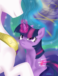 Size: 4724x6141 | Tagged: dead source, safe, artist:shafeles, princess celestia, twilight sparkle, g4, absurd resolution, female, filly, filly twilight sparkle, glowing cutie mark, glowing horn, horn, momlestia, motherly, prone, signature, sitting, smiling, younger