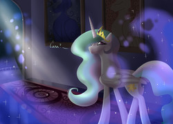 Size: 6834x4881 | Tagged: safe, artist:shafeles, princess celestia, friendship is magic, g4, absurd resolution, canterlot castle, darkness, hallway, implied nightmare moon, looking back, shadow